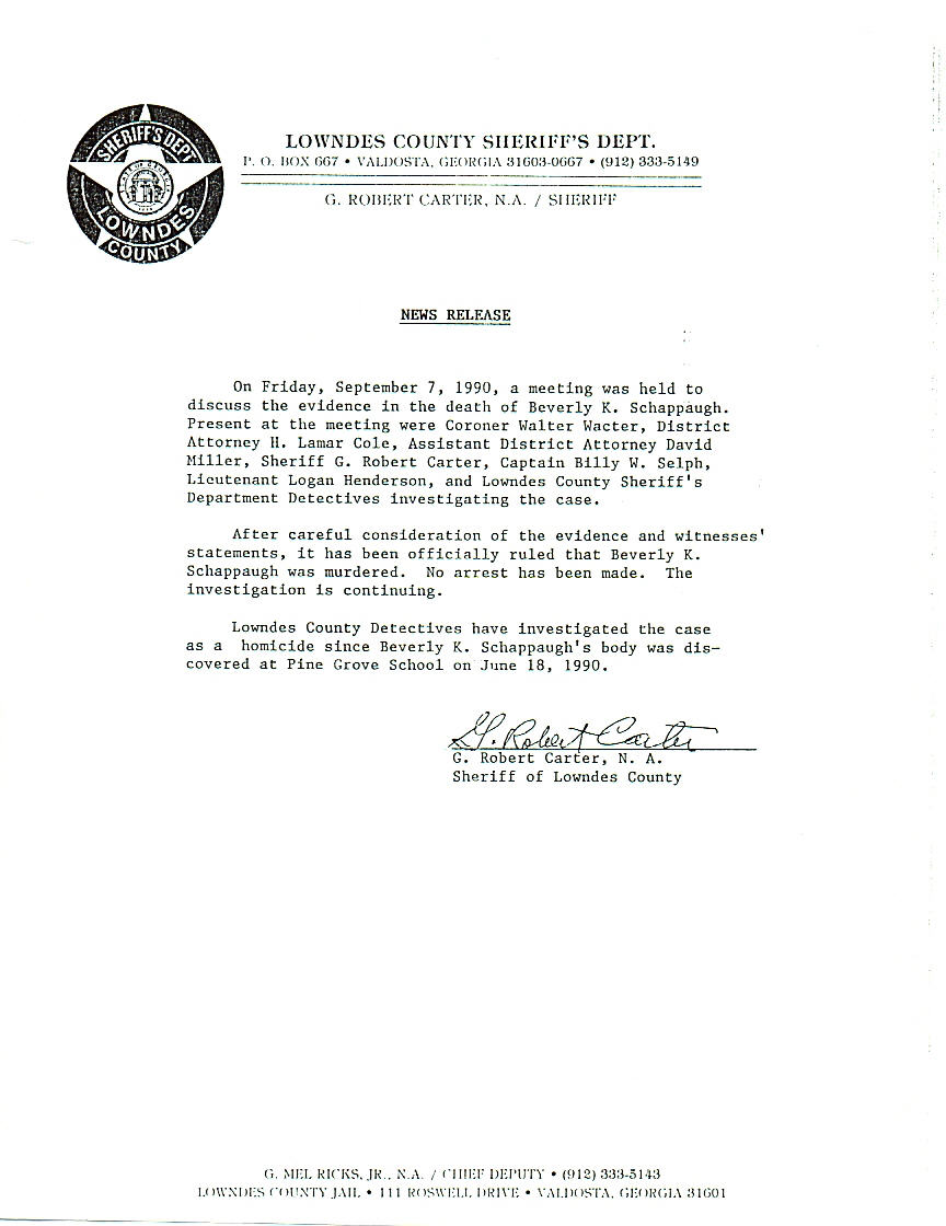 Lowndes County Sheriff Department official news release dated September 7 1990 signed by Sheriff G Robert Carter officially ruling the death of Beverly K Schappaugh as murder